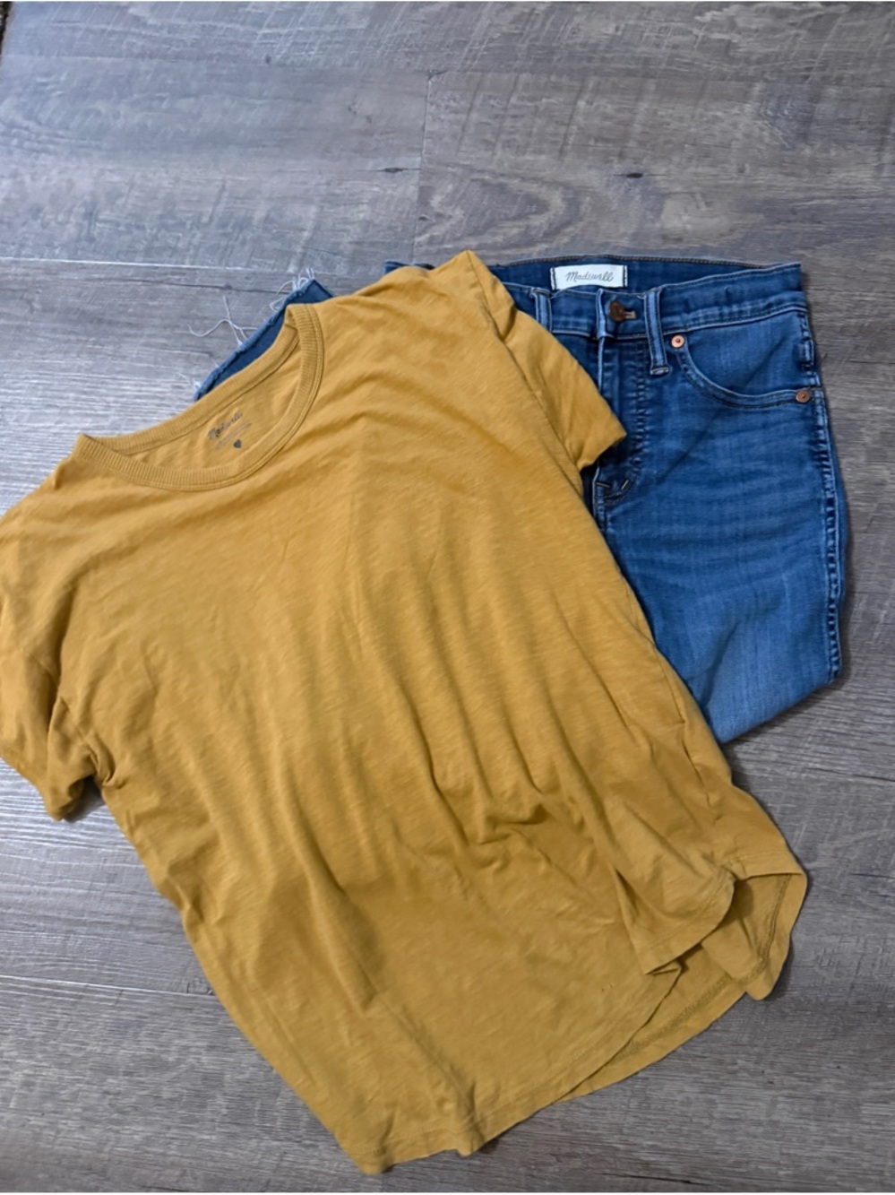 Madewell Short-Sleeve Crewneck Tee in Mustard and Madewell Jeans